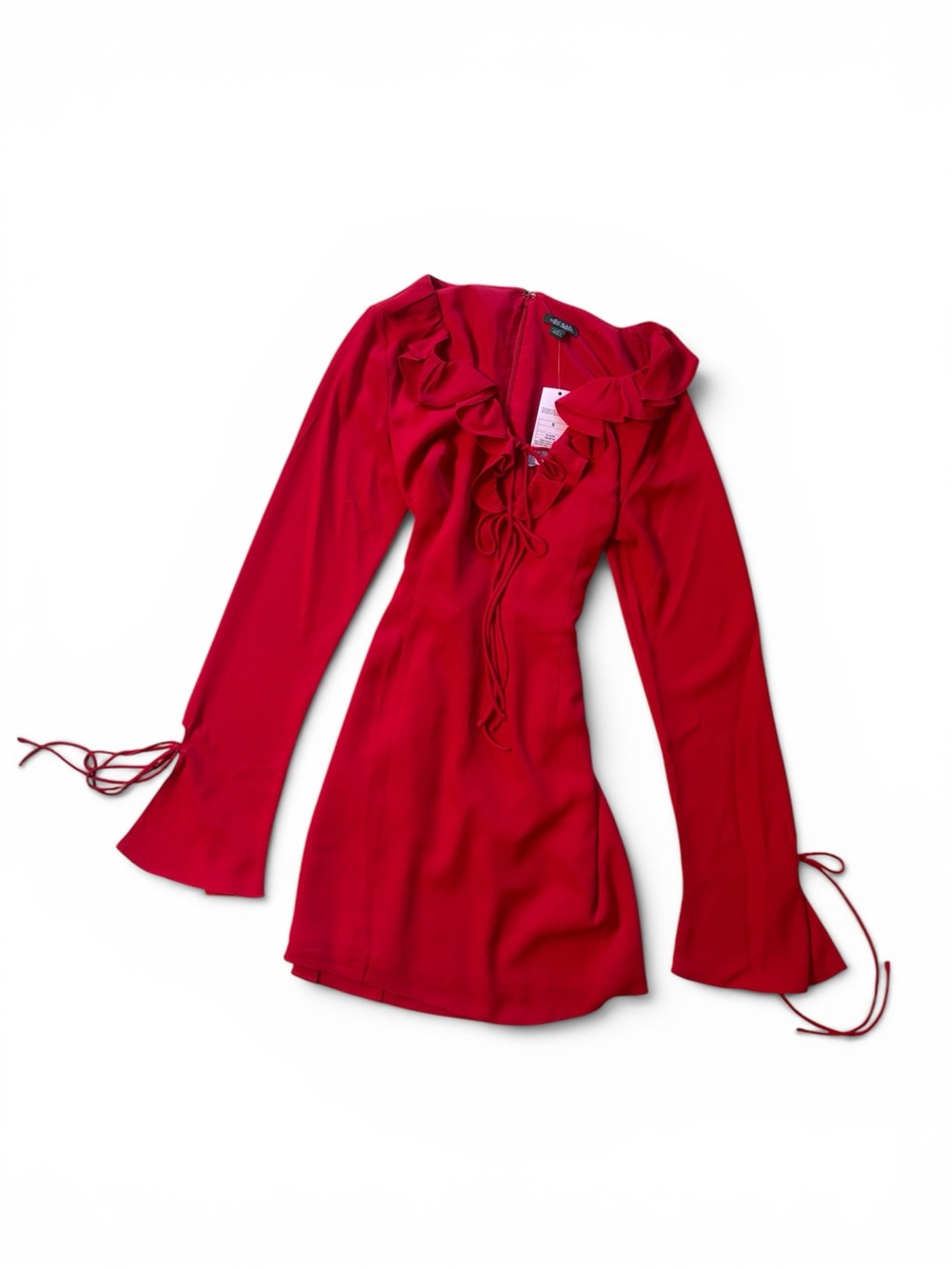 Red Ruffled V-Neck Long Sleeve Mini Dress